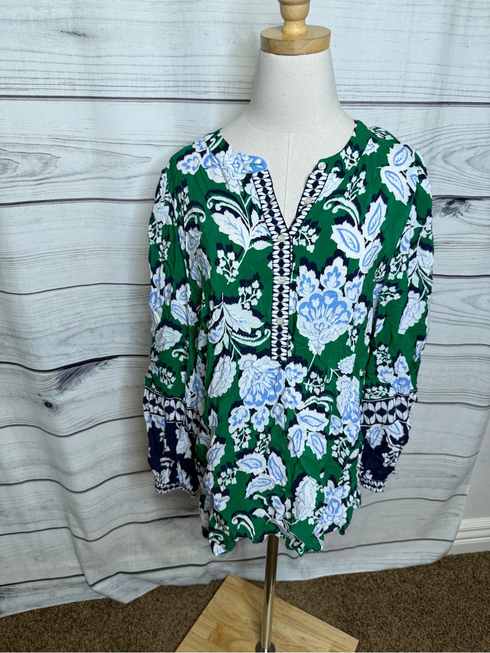 Talbots Green Floral Split-Neck Blouse with Blue and White Flowers